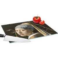KitchenYeah Glazen Snijplank - 39x28 - Meisje met de parel - Goud - Marmer - Snijplanken Glas
