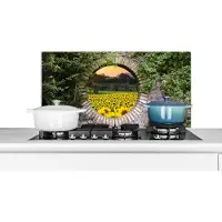 KitchenYeah Spatscherm keuken 90x45 cm - Kookplaat achterwand Doorkijk - Bloemen - Zonnebloem - Muurbeschermer - Spatwand fornuis - Hoogwaardig aluminium
