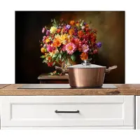 KitchenYeah Spatscherm keuken 90x60 cm - Kookplaat achterwand Kleuren - Boeket - Vaas - Hout - Muurbeschermer - Spatwand fornuis - Hoogwaardig aluminium