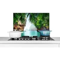 KitchenYeah Spatscherm keuken 70x50 cm - Kookplaat achterwand Zee - Palmboom - Berg - Tropisch - Muurbeschermer - Spatwand fornuis - Hoogwaardig aluminium
