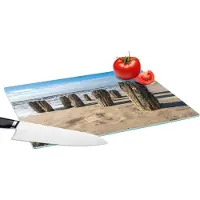 KitchenYeah Glazen Snijplank - 39x28 - Zand - Strand - Paal - Water - Zomer - Snijplanken Glas