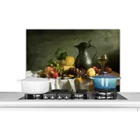 KitchenYeah Spatscherm keuken 90x60 cm - Kookplaat achterwand Rustiek - Kaas - Theekan - Fruit - Stilleven - Muurbeschermer - Spatwand fornuis - Hoogwaardig aluminium