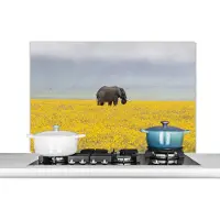 KitchenYeah Spatscherm keuken 100x65 cm - Kookplaat achterwand Olifant - Bloemen - Natuur - Geel - Dieren - Muurbeschermer - Spatwand fornuis - Hoogwaardig aluminium