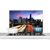 KitchenYeah Spatscherm keuken - Chicago - Stad - Skyline - Licht - Auto - Amerika - Spatwand keuken - Kookplaat achterwand - 90x60 cm - Aluminium