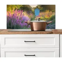 KitchenYeah Spatscherm keuken 90x45 cm - Kookplaat achterwand Tuinhuisje - Blauw - Bloemen - Muurbeschermer - Spatwand fornuis - Hoogwaardig aluminium