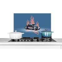KitchenYeah Spatscherm keuken 70x50 cm - Kookplaat achterwand Auto - Blauw - Vlammen - Vintage - Muurbeschermer - Spatwand fornuis - Hoogwaardig aluminium