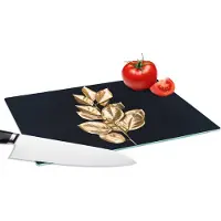 KitchenYeah Glazen Snijplank - 28x20 - Plant - Bladeren - Goud - Zwart - Luxe - Snijplanken Glas