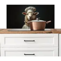 KitchenYeah Spatscherm keuken 90x45 cm - Kookplaat achterwand Schaap - Wol - Kok - Muurbeschermer - Spatwand fornuis - Hoogwaardig aluminium