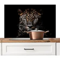 KitchenYeah Spatscherm keuken 100x65 cm - Kookplaat achterwand Luipaard - Portret - Zwart - Dier - Muurbeschermer - Spatwand fornuis - Hoogwaardig aluminium