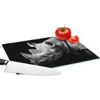 KitchenYeah Glazen Snijplank - 28x20 - Dieren - Neushoorn - Zwart - Wit - Portret - Snijplanken Glas