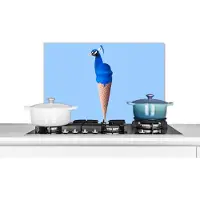 KitchenYeah Spatscherm keuken 60x40 cm - Kookplaat achterwand Pauw - IJshoorntje - IJs - Blauw - Vogel - Muurbeschermer - Spatwand fornuis - Hoogwaardig aluminium