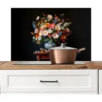 KitchenYeah Spatscherm keuken 80x55 cm - Kookplaat achterwand Boeket - Roze - Bloemen - Vaas - Muurbeschermer - Spatwand fornuis - Hoogwaardig aluminium