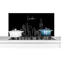 KitchenYeah Spatscherm keuken 100x50 cm - Kookplaat achterwand Line art - Skyline - Zwart - Londen - Wit - Muurbeschermer - Spatwand fornuis - Hoogwaardig aluminium