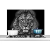 KitchenYeah Spatscherm keuken 100x65 cm - Kookplaat achterwand Dieren - Leeuw - Zwart - Wit - Portret - Muurbeschermer - Spatwand fornuis - Hoogwaardig aluminium