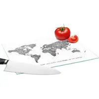 KitchenYeah Glazen Snijplank - 28x20 - Wereldkaart - Zwart - Vingerafdruk - Snijplanken Glas