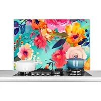 KitchenYeah Spatscherm keuken 100x65 cm - Kookplaat achterwand Bloemen - Olieverf - Kleurrijk - Natuur - Muurbeschermer - Spatwand fornuis - Hoogwaardig aluminium