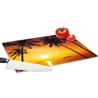 KitchenYeah Glazen Snijplank - 39x28 - Palmboom - Zonsondergang - Strand - Oranje - Tropisch - Snijplanken Glas