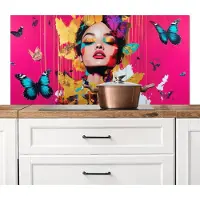 KitchenYeah Spatscherm keuken 120x60 cm - Kookplaat achterwand Vrouw - Abstract - Kleurrijk - Muurbeschermer - Spatwand fornuis - Hoogwaardig aluminium