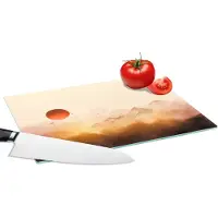 KitchenYeah Glazen Snijplank - 28x20 - Schilderij - Vogel - Bergen - Zon - Olieverf - Snijplanken Glas