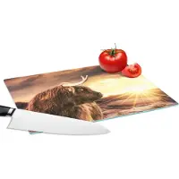 KitchenYeah Glazen Snijplank - 28x20 - Schotse hooglander - Zon - Horizon - Koe - Dieren - Snijplanken Glas