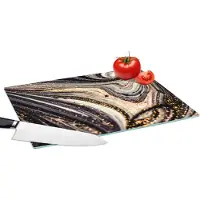 KitchenYeah Glazen Snijplank - 39x28 - Marmerlook - Zwart - Goud - Wit - Glitter - Marmer - Snijplanken Glas