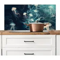 KitchenYeah Spatscherm keuken 100x50 cm - Kookplaat achterwand Kwallen - Zee - Wit - Golven - Muurbeschermer - Spatwand fornuis - Hoogwaardig aluminium