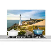 KitchenYeah Spatscherm keuken 100x65 cm - Kookplaat achterwand Zee - Vuurtoren - Wit - Muurbeschermer - Spatwand fornuis - Hoogwaardig aluminium