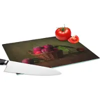 KitchenYeah Glazen Snijplank - 28x20 - Mand - Pruim - Roze - Rustiek - Fruit - Stilleven - Snijplanken Glas