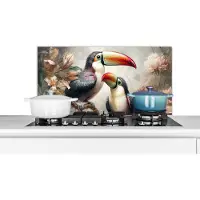 KitchenYeah Spatscherm keuken 90x45 cm - Kookplaat achterwand Toekan - Vogels - Bloemen - Jungle - Muurbeschermer - Spatwand fornuis - Hoogwaardig aluminium