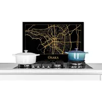 KitchenYeah Spatscherm keuken 70x50 cm - Kookplaat achterwand Kaart - Osaka - Goud - Zwart - Muurbeschermer - Spatwand fornuis - Hoogwaardig aluminium