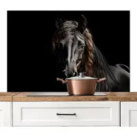 KitchenYeah Spatscherm keuken 120x80 cm - Kookplaat achterwand Paard - Portret - Zwart - Dier - Muurbeschermer - Spatwand fornuis - Hoogwaardig aluminium