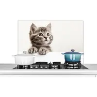 KitchenYeah - Spatscherm - Kat - Grijs - Poes - Kitten - Dieren - Spatwand - 80x55 cm - Achterwand keuken - Muurbeschermer - Spatscherm kat - Keuken decoratie