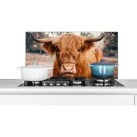 KitchenYeah Spatscherm keuken 80x40 cm - Kookplaat achterwand Koe- Schotse hooglander - Hoorns - Bruin - Landschap - Muurbeschermer - Spatwand fornuis - Hoogwaardig aluminium