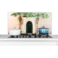 KitchenYeah Spatscherm keuken 100x50 cm - Kookplaat achterwand Deur - Marrakesh - Palmboom - Wit - Tropisch - Muurbeschermer - Spatwand fornuis - Hoogwaardig aluminium