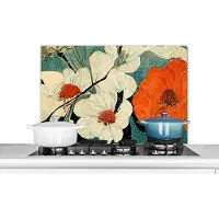 KitchenYeah Spatscherm keuken 90x60 cm - Kookplaat achterwand Bloemen - Planten - Vintage - Azië - Oranje - Muurbeschermer - Spatwand fornuis - Hoogwaardig aluminium