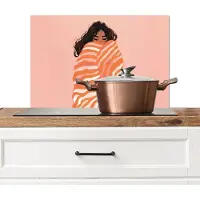 KitchenYeah Spatscherm keuken 60x40 cm - Kookplaat achterwand Meisje - Deken - Gestreept - Oranje - Muurbeschermer - Spatwand fornuis - Hoogwaardig aluminium