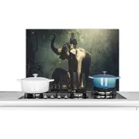 KitchenYeah Spatscherm keuken 80x55 cm - Kookplaat achterwand Olifant - Bos - Bomen - Dieren - Trainer - Muurbeschermer - Spatwand fornuis - Hoogwaardig aluminium