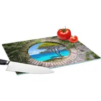 KitchenYeah Glazen Snijplank - 39x28 - Zee - Boom - Tropisch - Doorkijk - Snijplanken Glas