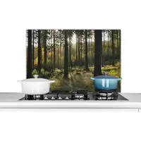 KitchenYeah Spatscherm keuken 80x55 cm - Kookplaat achterwand Bos - Zomer - Zon - Muurbeschermer - Spatwand fornuis - Hoogwaardig aluminium