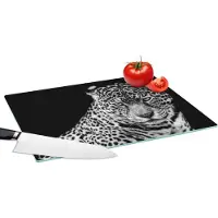 KitchenYeah Glazen Snijplank - 39x28 - Luipaard - Dieren - Zwart - Wit - Portret - Snijplanken Glas