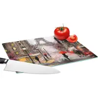 KitchenYeah Glazen Snijplank - 28x20 - Schilderij - Parijs - Eiffeltoren - Paraplu - Olieverf - Snijplanken Glas
