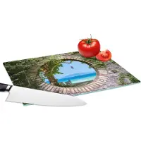 KitchenYeah Glazen Snijplank - 28x20 - Strand - Doorkijk - Tropisch - Strandstoel - Snijplanken Glas