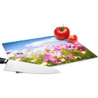 KitchenYeah Glazen Snijplank - 28x20 - Bloemen - Wei - Paars - Gras - Wit - Wolken - Blauw - Snijplanken Glas