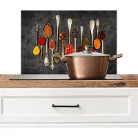 KitchenYeah Spatscherm keuken 70x50 cm - Kookplaat achterwand Kruiden - Lepels - Beton print - Muurbeschermer - Spatwand fornuis - Hoogwaardig aluminium