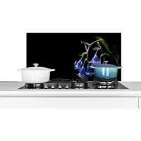 KitchenYeah Spatscherm keuken 80x40 cm - Kookplaat achterwand Hyacint - Bloemen - Blauw - Natuur - Zwart - Muurbeschermer - Spatwand fornuis - Hoogwaardig aluminium