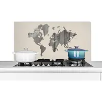 KitchenYeah Spatscherm keuken 100x50 cm - Kookplaat achterwand Wereldkaart - Hout - Design - Muurbeschermer - Spatwand fornuis - Hoogwaardig aluminium