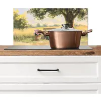 KitchenYeah Spatscherm keuken 60x30 cm - Kookplaat achterwand Houten bankje - Bloempotten - Landschap - Muurbeschermer - Spatwand fornuis - Hoogwaardig aluminium