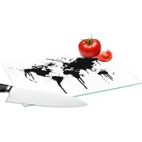 KitchenYeah Glazen Snijplank - 28x20 - Wereldkaart - Inkt - Zwart - Snijplanken Glas