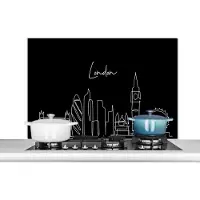 KitchenYeah Spatscherm keuken 100x65 cm - Kookplaat achterwand Line art - Skyline - Zwart - Londen - Wit - Muurbeschermer - Spatwand fornuis - Hoogwaardig aluminium