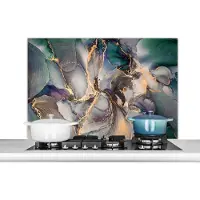 KitchenYeah Spatscherm - Spatwand - Luxe - Blauw - Goud - Marmer print - Achterwand keuken - Keuken - 100x65 cm